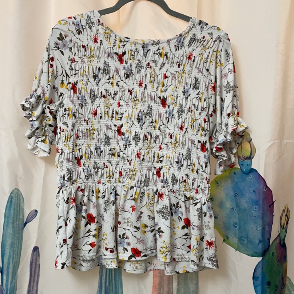 Melloday Womens Scrunch Floral Short Sleeve Blouse